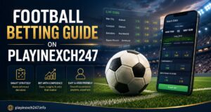 Football betting guide on Playinexch247 with soccer ball, live odds, and mobile betting interface in a stadium.