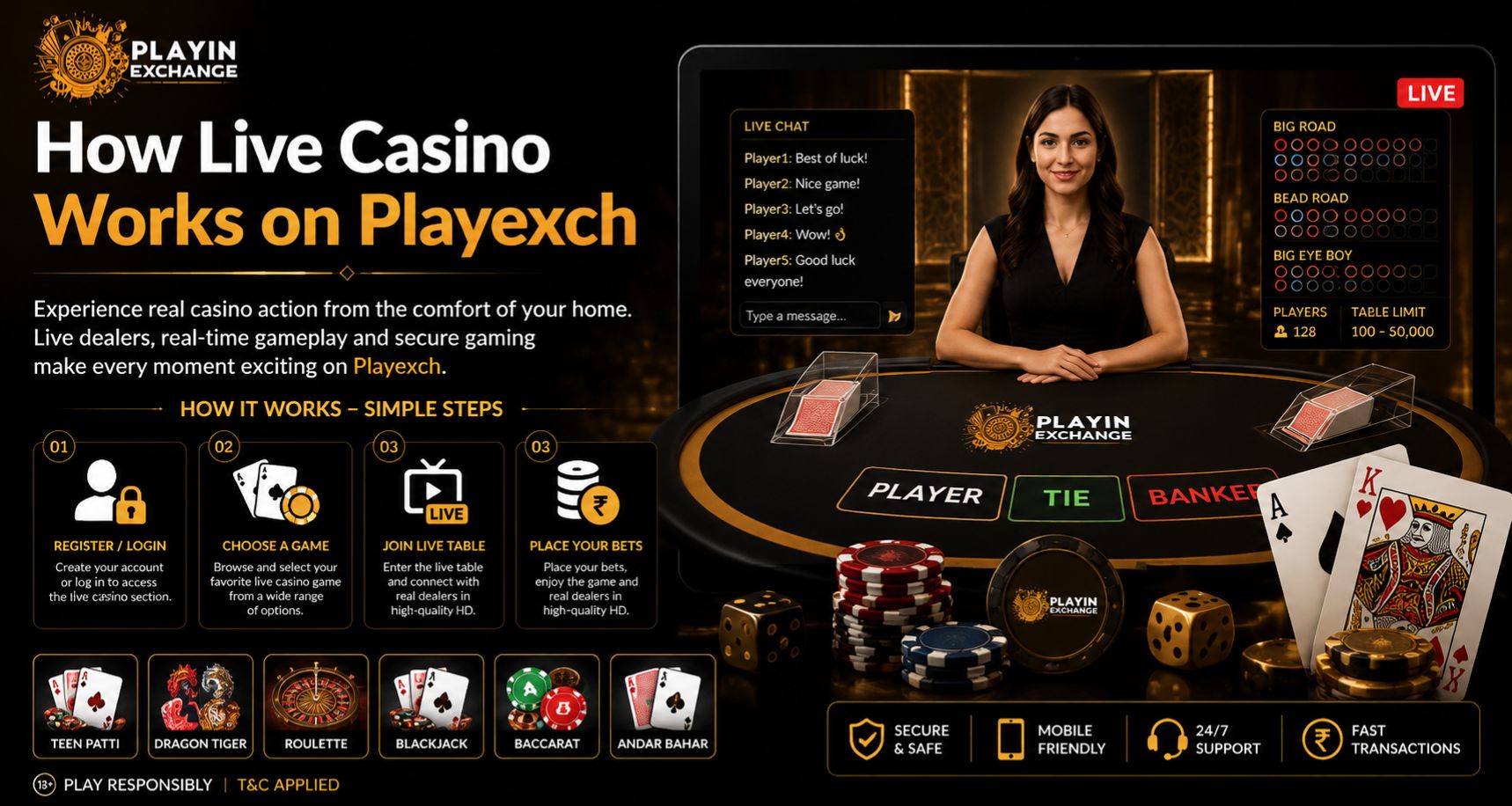 How Live Casino Works on Playin Exchange with live dealer gaming, casino table, online card games, and real-time gameplay features.